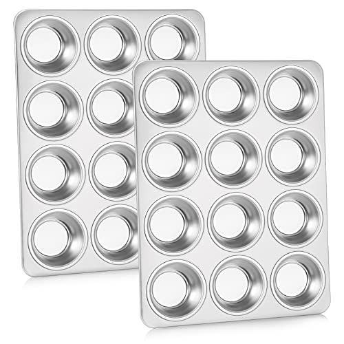 PP CHEF Muffin Pan Cupcake Baking Pan Set Stainless Steel Muffin Tin Tray for Mini Cake Tart Quiche Oven  Dishwasher Safe Nontoxic  Heavyduty 12 Cup 2Pcs