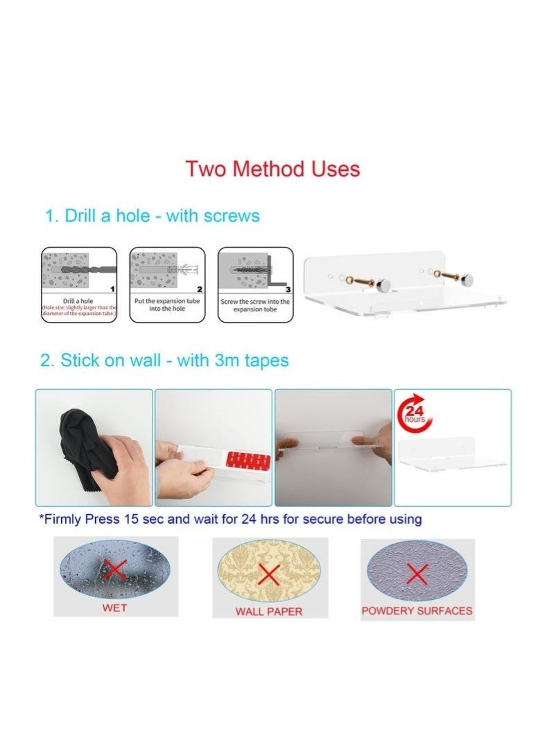 Bukela Set of 2 Acrylic Floating Wall Shelves Hanging Shelves, Adhesive Wall Display Shelf Stand for Plant Pot, Speaker, Security Camera, Figures in Office and Home, 8 x 6 Inch - Image 5