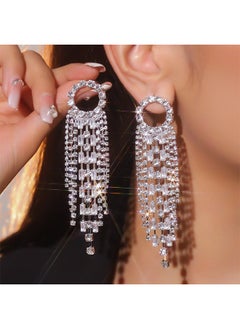 HS Fashion Earrings, Women Earrings, Silver Needle Rhinestones Tassel Earrings, Personalized Zircon Flash Diamonds, Silver Tassel Full Long Chain Drop Dangle Earrings For Women  - Image 2
