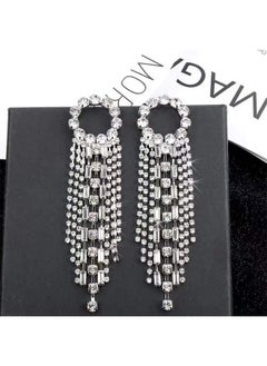 HS Fashion Earrings, Women Earrings, Silver Needle Rhinestones Tassel Earrings, Personalized Zircon Flash Diamonds, Silver Tassel Full Long Chain Drop Dangle Earrings For Women  - Image 3