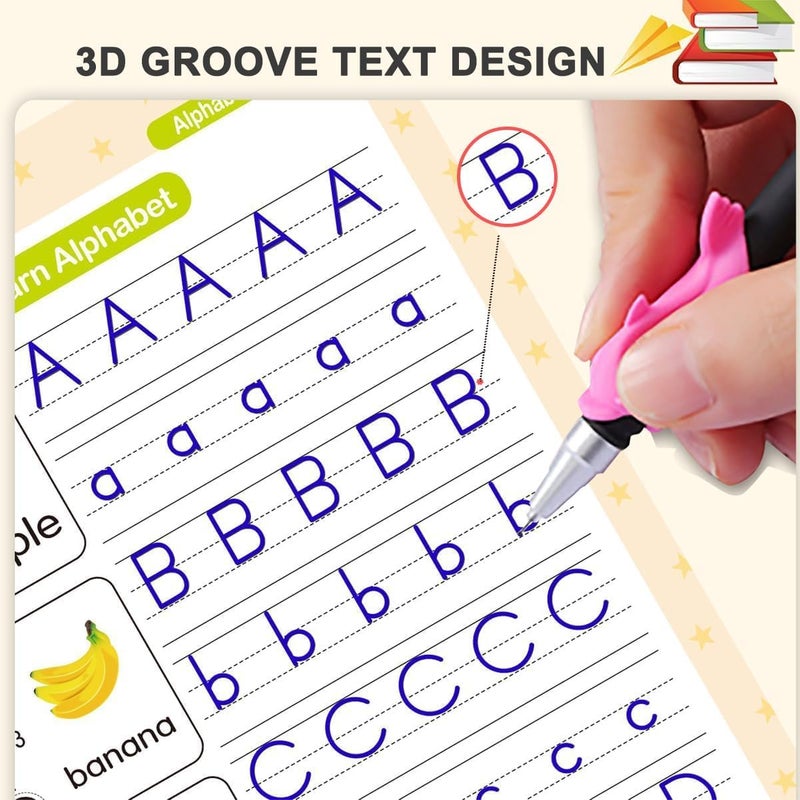 Magic Grooved Handwriting Book Practice, Practice Copybook,Handwriting Practice Copybook, Reusable Practice Book for Preschool Age 3-8 Numbers Drawing Tracing Books (4 Books with Pens) - Image 2