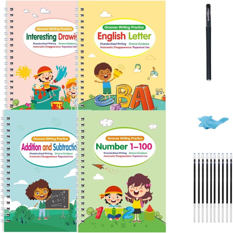 Magic Grooved Handwriting Book Practice, Practice Copybook,Handwriting Practice Copybook, Reusable Practice Book for Preschool Age 3-8 Numbers Drawing Tracing Books (4 Books with Pens) - Image 1