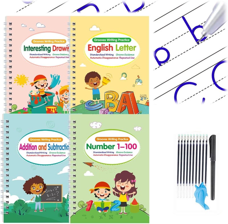 Magic Grooved Handwriting Book Practice, Practice Copybook,Handwriting Practice Copybook, Reusable Practice Book for Preschool Age 3-8 Numbers Drawing Tracing Books (4 Books with Pens) - Image 3