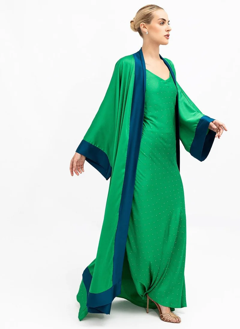 Janara Jones  Green Blue Cuffs Satin Abaya Kaftan for Women | Best Price UAE