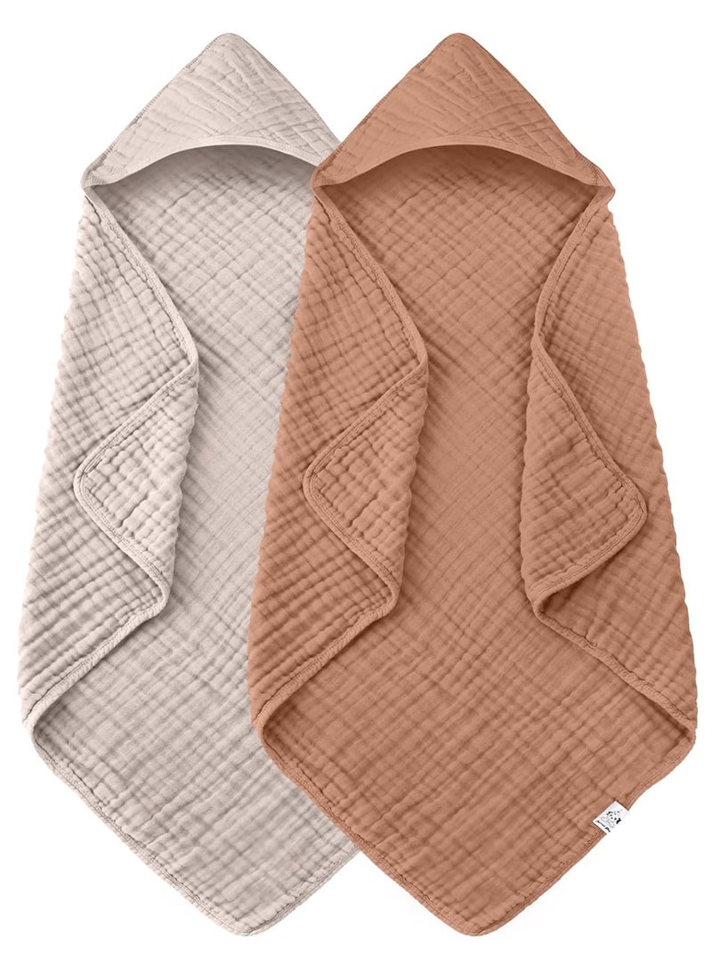 Spotted Play 2 Pack Hooded Baby Towels - 100% Muslin Cotton for Newborns, Infants, Toddlers - Large 32x32 Inch Size - Highly Absorbent and Essential for Newborn Care, Light Bean Paste - Image 1