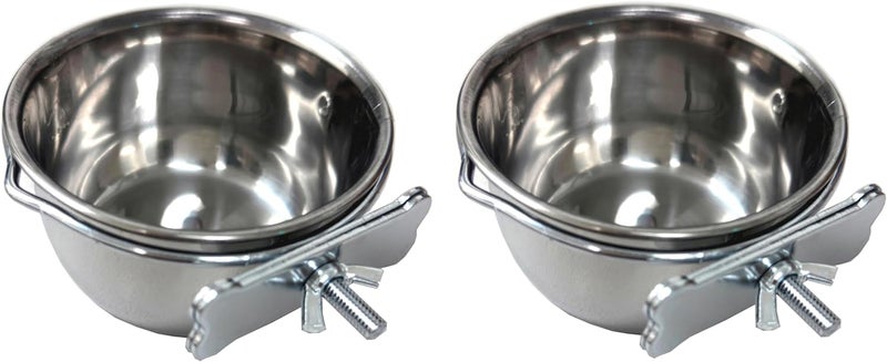 Mcage Lot of 2 Bird Parrot Cage Stainless Steel Seed Water Feeder Replacement Cups with Adjustable Cage Holders - Image 1