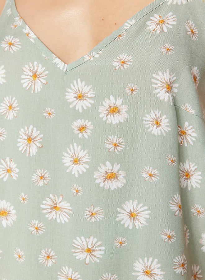 trendyol Light Green Floral Patterned Rope Strap Viscose Shorts Woven Pajama Set - Image 4