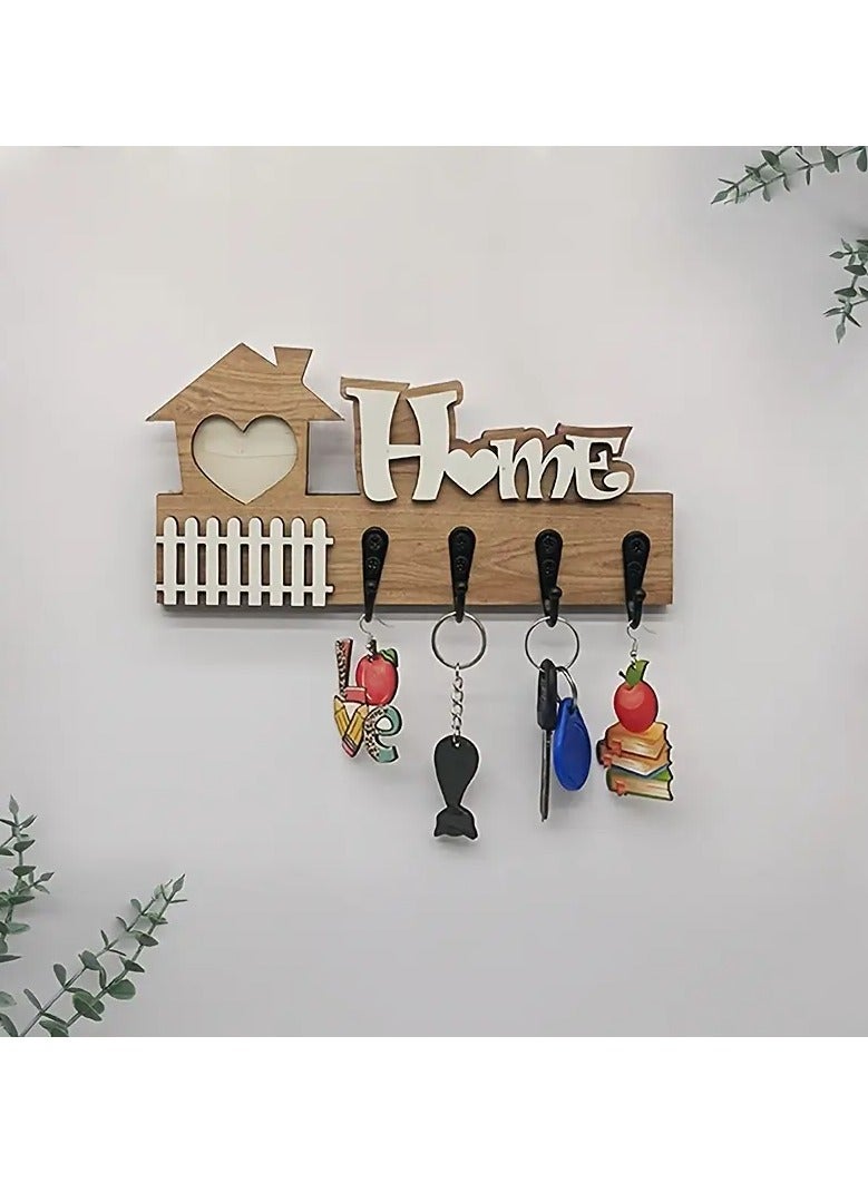 Stylish wooden key hanger plate, modern home decor, consisting of 4 straight and flat key hooks, 2D printing, placed at the entrance of the house or apartment. The design is rectangular in width and in the shape of a hut. The hooks are used to hang keys or glasses. The installation method and fixing the plate on the wall is easy. Suitable for living rooms, bedrooms, in the kitchen, or behind the door. The width of the plate is 24 cm and the height is 11.5 cm - Image 1