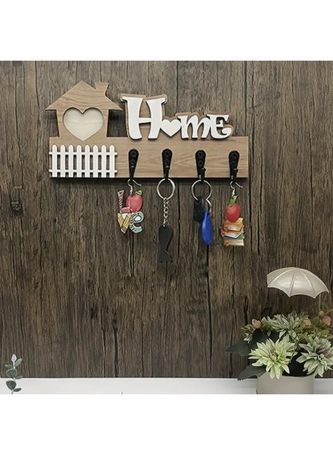 Stylish wooden key hanger plate, modern home decor, consisting of 4 straight and flat key hooks, 2D printing, placed at the entrance of the house or apartment. The design is rectangular in width and in the shape of a hut. The hooks are used to hang keys or glasses. The installation method and fixing the plate on the wall is easy. Suitable for living rooms, bedrooms, in the kitchen, or behind the door. The width of the plate is 24 cm and the height is 11.5 cm - Image 2