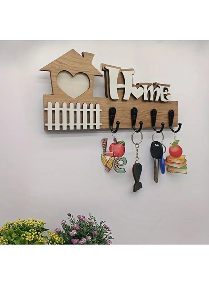 Stylish wooden key hanger plate, modern home decor, consisting of 4 straight and flat key hooks, 2D printing, placed at the entrance of the house or apartment. The design is rectangular in width and in the shape of a hut. The hooks are used to hang keys or glasses. The installation method and fixing the plate on the wall is easy. Suitable for living rooms, bedrooms, in the kitchen, or behind the door. The width of the plate is 24 cm and the height is 11.5 cm - Image 3