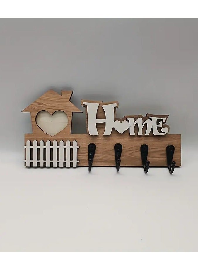 Stylish wooden key hanger plate, modern home decor, consisting of 4 straight and flat key hooks, 2D printing, placed at the entrance of the house or apartment. The design is rectangular in width and in the shape of a hut. The hooks are used to hang keys or glasses. The installation method and fixing the plate on the wall is easy. Suitable for living rooms, bedrooms, in the kitchen, or behind the door. The width of the plate is 24 cm and the height is 11.5 cm - Image 4