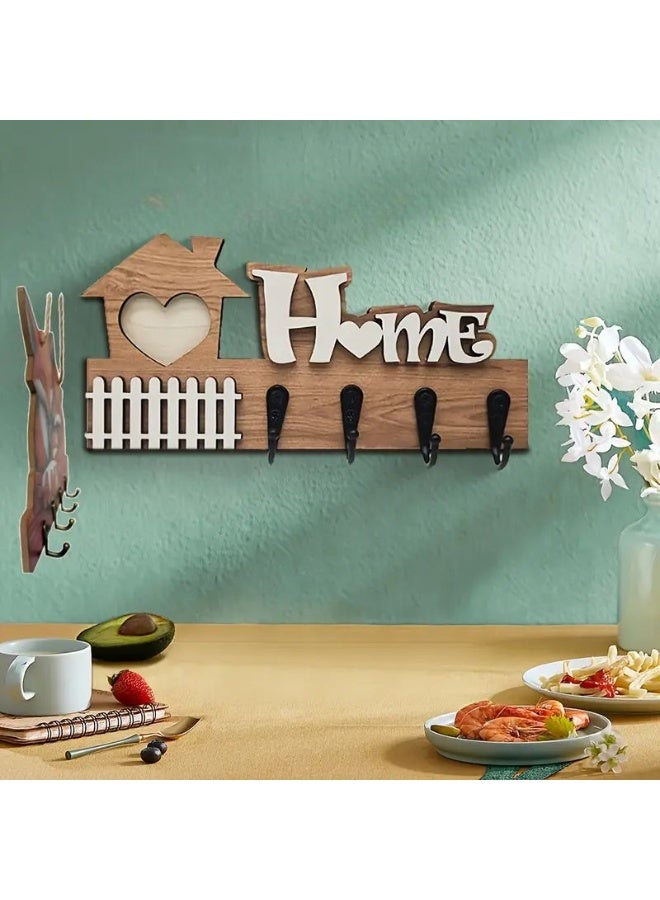 Stylish wooden key hanger plate, modern home decor, consisting of 4 straight and flat key hooks, 2D printing, placed at the entrance of the house or apartment. The design is rectangular in width and in the shape of a hut. The hooks are used to hang keys or glasses. The installation method and fixing the plate on the wall is easy. Suitable for living rooms, bedrooms, in the kitchen, or behind the door. The width of the plate is 24 cm and the height is 11.5 cm - Image 5