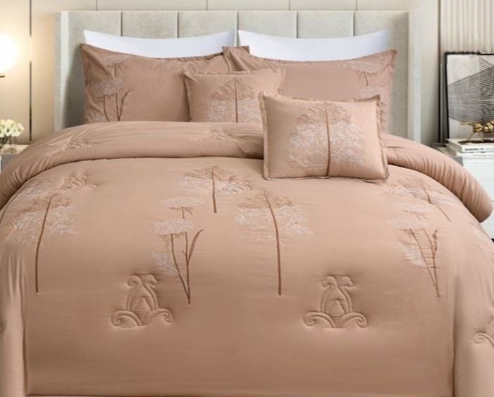 This 8-piece double bed set features a luxurious embroidered design, adding a touch of elegance and tranquility to your room.