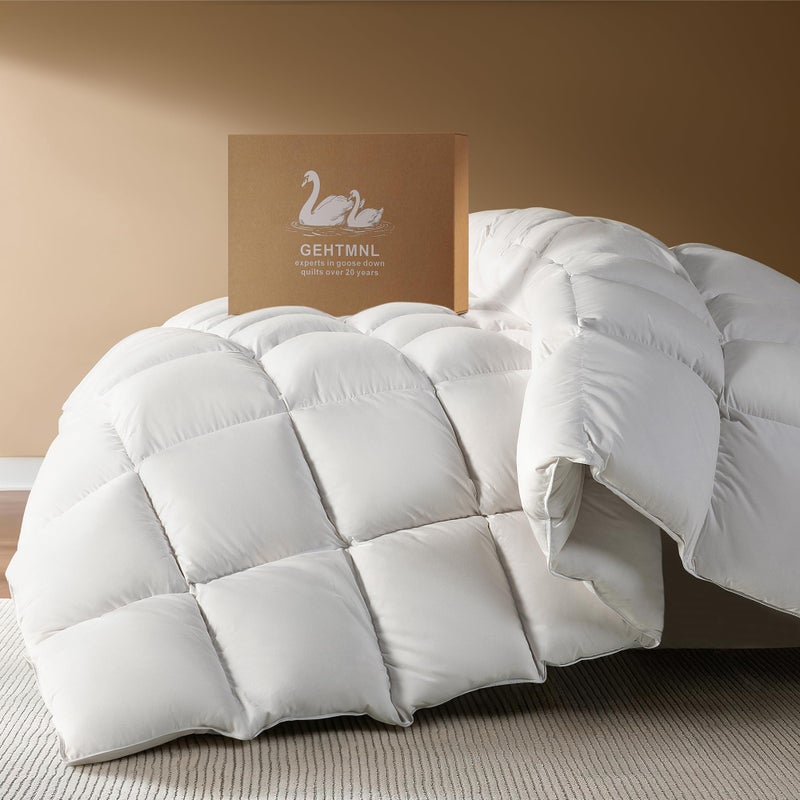Gehtmnl Goose Down Fiber Comforter Queen Size â€“ All Season Naturally Breathable Down Comforters, Luxury Hotel Collection Duvet Insert with 8 Corner Tabs, Cotton Fabric & Baffle Box (White,50oz Fill) - Image 1