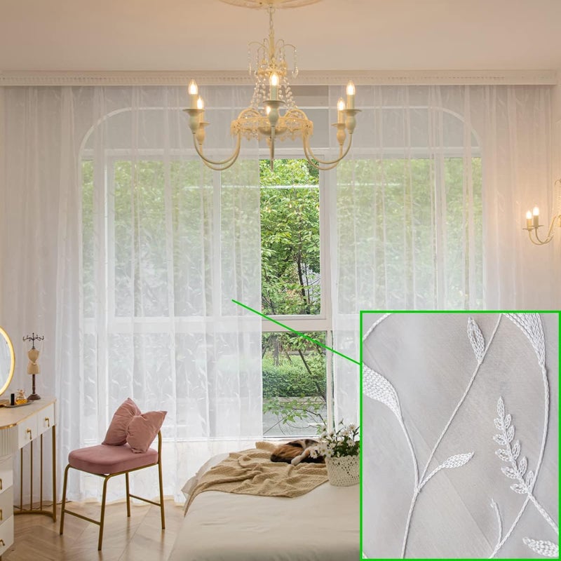 PHILEASY Window Art Three-Dimensional Embroider Leaf Sheer Curtains 54 Inches Long 2 Panels Sheer Curtain Transparent Basic Rod Pocket for Bedroom Living Room Children Room - Image 3