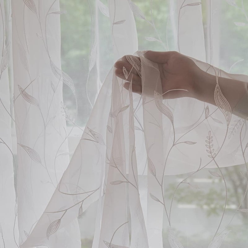 PHILEASY Window Art Three-Dimensional Embroider Leaf Sheer Curtains 54 Inches Long 2 Panels Sheer Curtain Transparent Basic Rod Pocket for Bedroom Living Room Children Room - Image 5