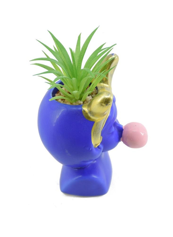 DRAMA HOME Artificial Decorative Plant With Face Design Pot Blue/Green 14 x 8 cm  - Image 3