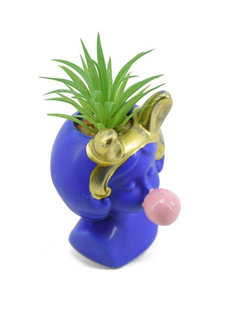 DRAMA HOME Artificial Decorative Plant With Face Design Pot Blue/Green 14 x 8 cm  - Image 2