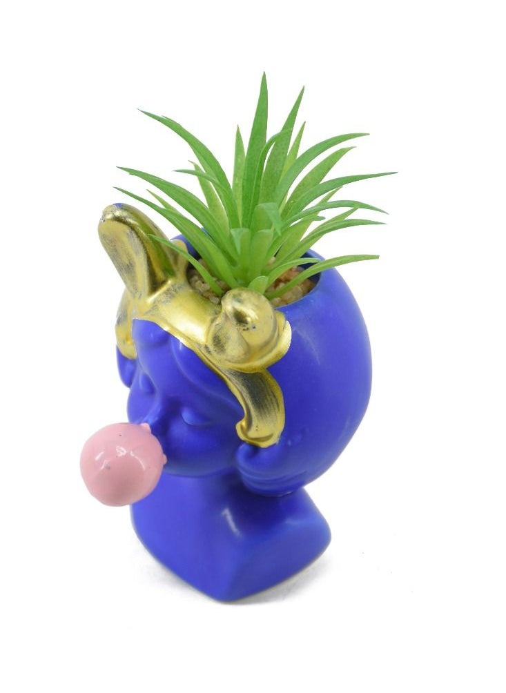 DRAMA HOME Artificial Decorative Plant With Face Design Pot Blue/Green 14 x 8 cm  - Image 1