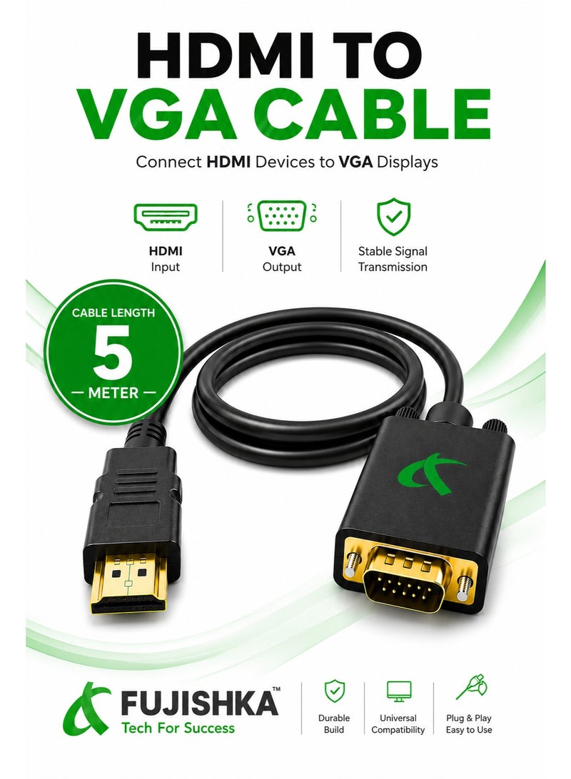 فوجيشكا كابل HDMI إلى VGA بطول 5 أمتار | كابل محول مطلي بالذهب (طرف HDMI ذكر إلى طرف VGA ذكر) | محول فيديو بدقة 1080P Full HD | يدعم التشغيل الفوري (Plug & Play) | متوافق مع أجهزة الكمبيوتر المحمول والمكتبي، والشاشات، وأجهزة العرض (البروجيكتور)، وأجهزة التلفزيون - Image 1