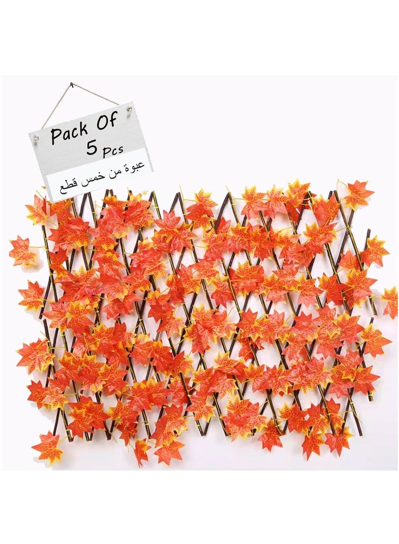 LINGWEI Wooden Expandable Garden Fence with Artificial Orange Maple Leaf Bamboo Garden Wicker Fence Artificial Decorative Privacy Fence Screen Expanding Trellis 5pcs - Image 1