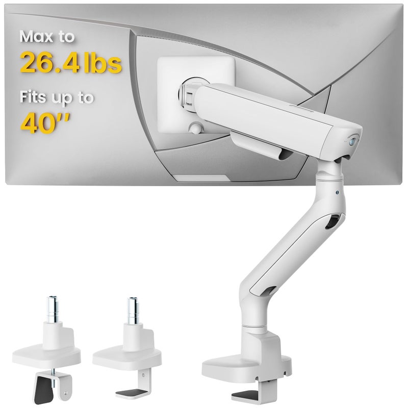 monTEK Single Monitor Arm, Mechanical Spring Monitor Arm for 17-40" Ultrawide Screens, Adjustable Monitor Desk Mount Holds up to 26.4 lbs with C Clamp/Grommet Desk Mount, VESA 75/100mm, MA1011WH - Image 1