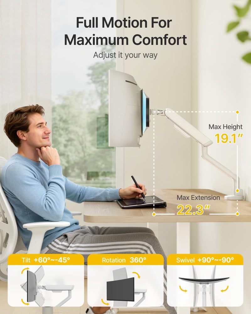 monTEK Single Monitor Arm, Mechanical Spring Monitor Arm for 17-40" Ultrawide Screens, Adjustable Monitor Desk Mount Holds up to 26.4 lbs with C Clamp/Grommet Desk Mount, VESA 75/100mm, MA1011WH - Image 5