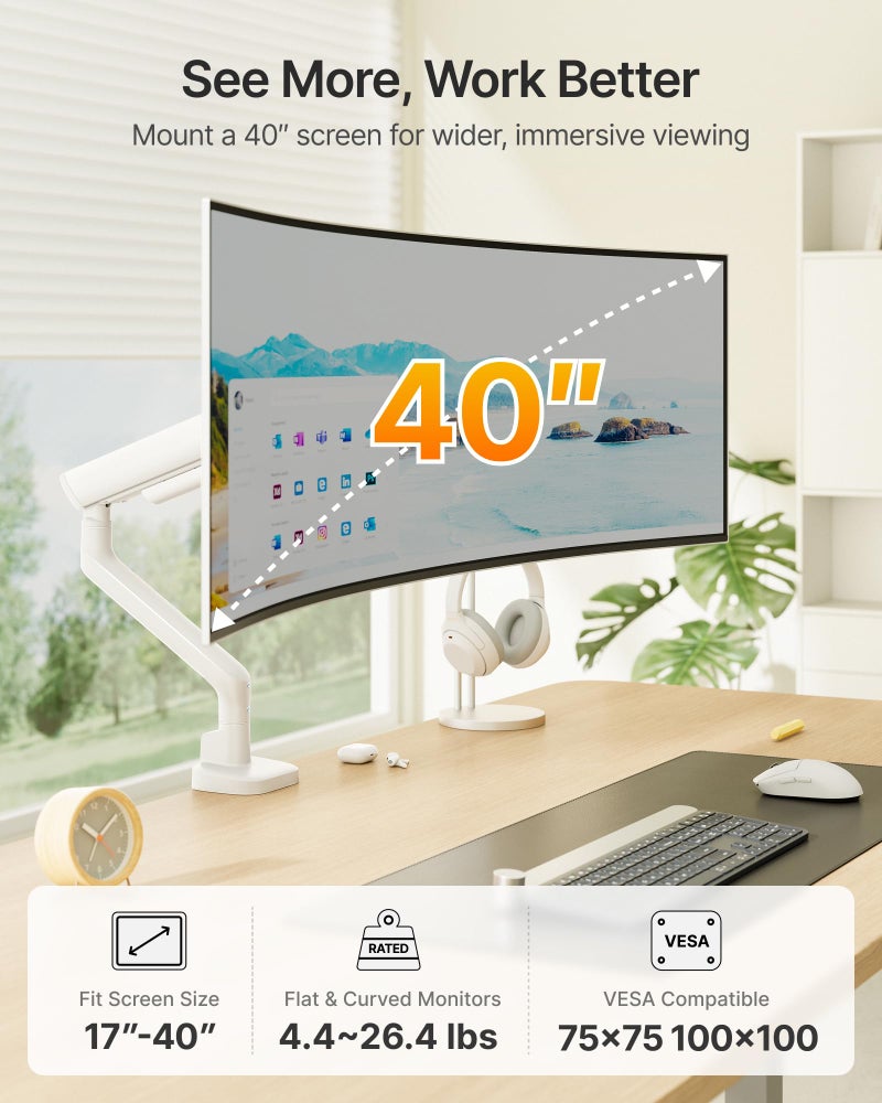 monTEK Single Monitor Arm, Mechanical Spring Monitor Arm for 17-40" Ultrawide Screens, Adjustable Monitor Desk Mount Holds up to 26.4 lbs with C Clamp/Grommet Desk Mount, VESA 75/100mm, MA1011WH - Image 2