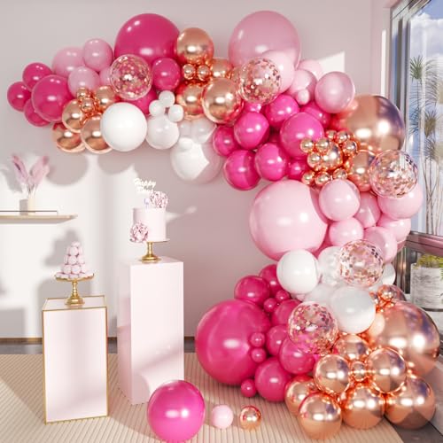 MEBAY Rose Red Pink Champagne Balloon Arch Garland Kit 146 Pcs Hot Pink Confetti Rose Gold Tender Pink White Balloons for Graduation Birthday Party Baby Shower Wedding Decorations - Image 1