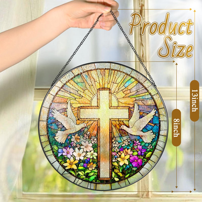 LAOWEIKI Cross and Wildflowers Stained Glass Suncatcher, 8 Inch Christian Stained Glass Windows Hanging, Flower Cross Gift for Religious, Christian Gifts, Easter Faith Home Decor - Image 4
