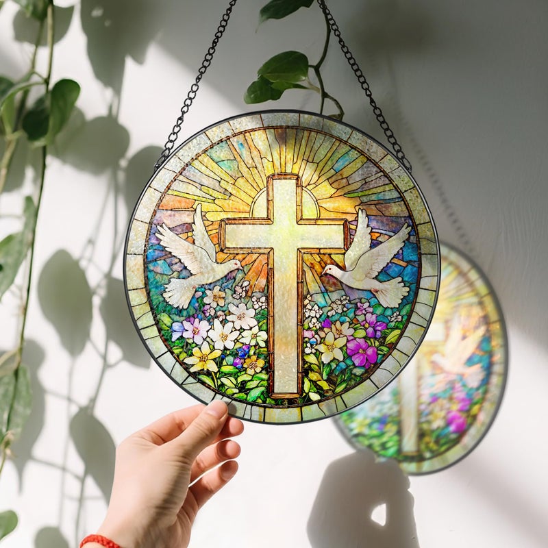 LAOWEIKI Cross and Wildflowers Stained Glass Suncatcher, 8 Inch Christian Stained Glass Windows Hanging, Flower Cross Gift for Religious, Christian Gifts, Easter Faith Home Decor - Image 3