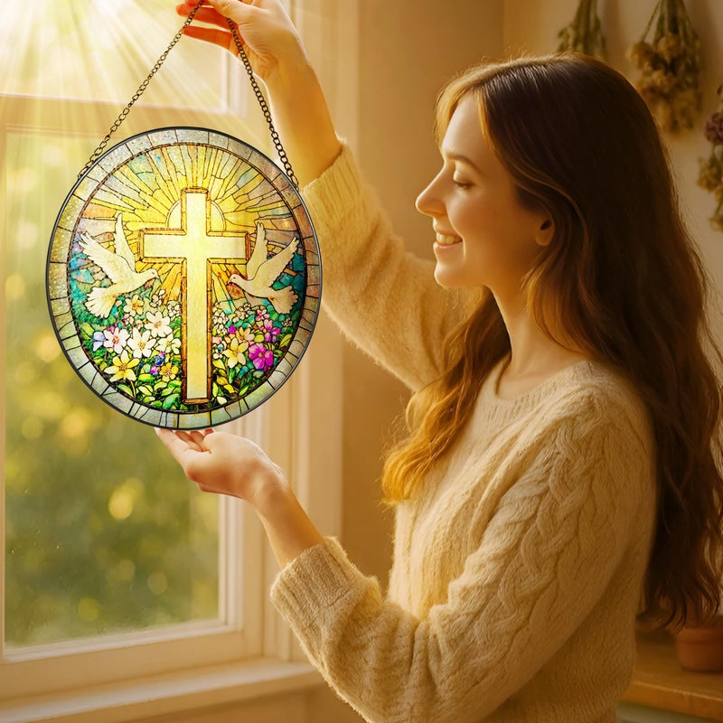 LAOWEIKI Cross and Wildflowers Stained Glass Suncatcher, 8 Inch Christian Stained Glass Windows Hanging, Flower Cross Gift for Religious, Christian Gifts, Easter Faith Home Decor - Image 2