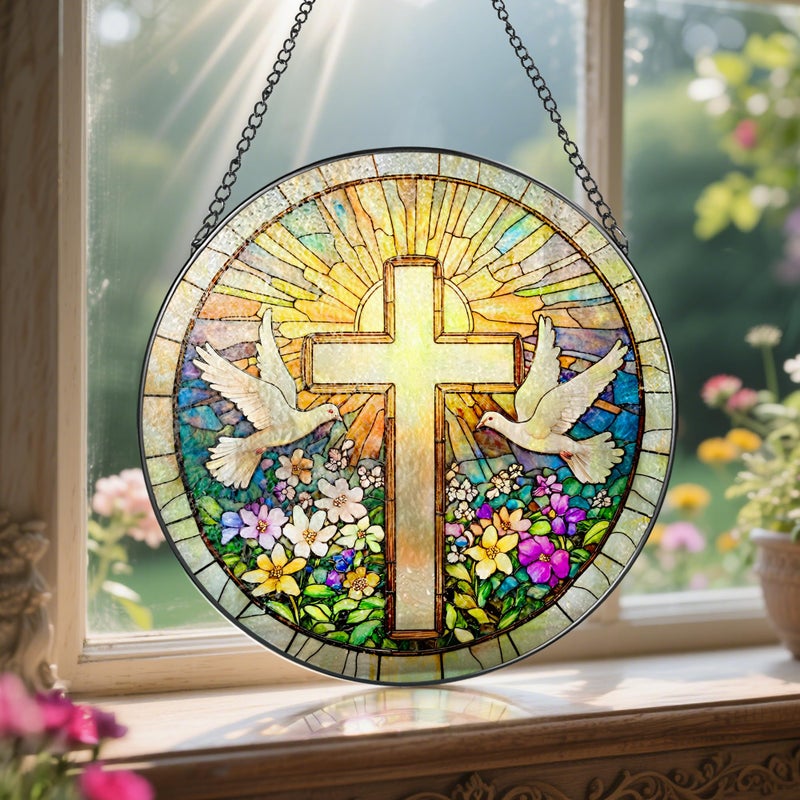 LAOWEIKI Cross and Wildflowers Stained Glass Suncatcher, 8 Inch Christian Stained Glass Windows Hanging, Flower Cross Gift for Religious, Christian Gifts, Easter Faith Home Decor - Image 5