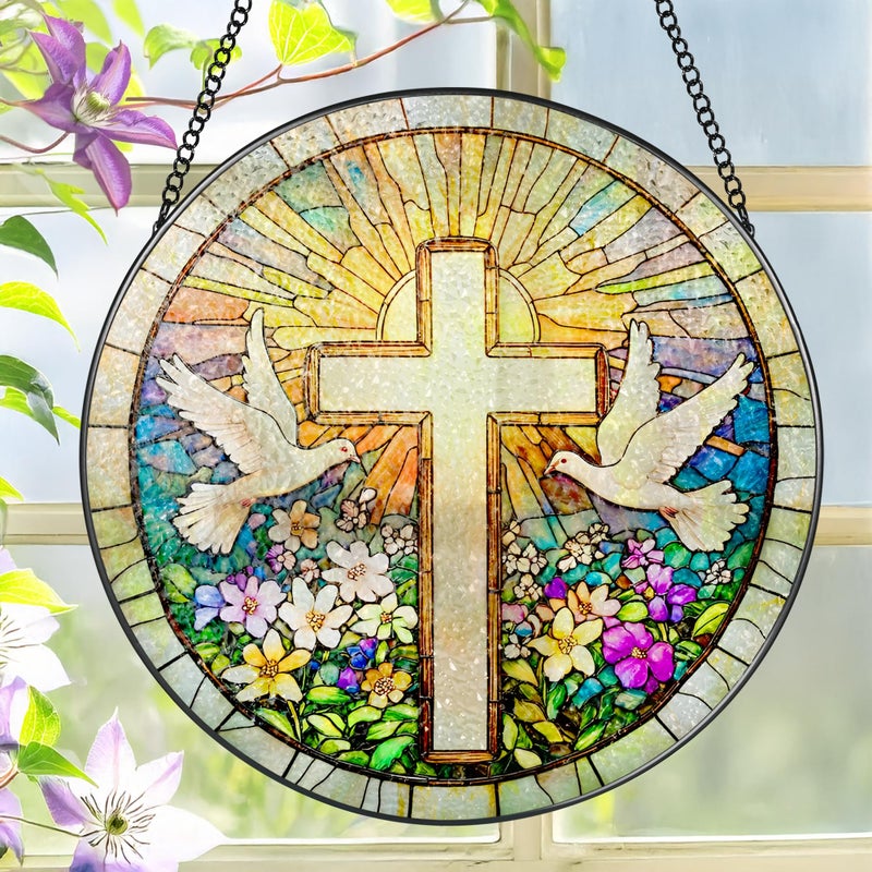LAOWEIKI Cross and Wildflowers Stained Glass Suncatcher, 8 Inch Christian Stained Glass Windows Hanging, Flower Cross Gift for Religious, Christian Gifts, Easter Faith Home Decor - Image 1
