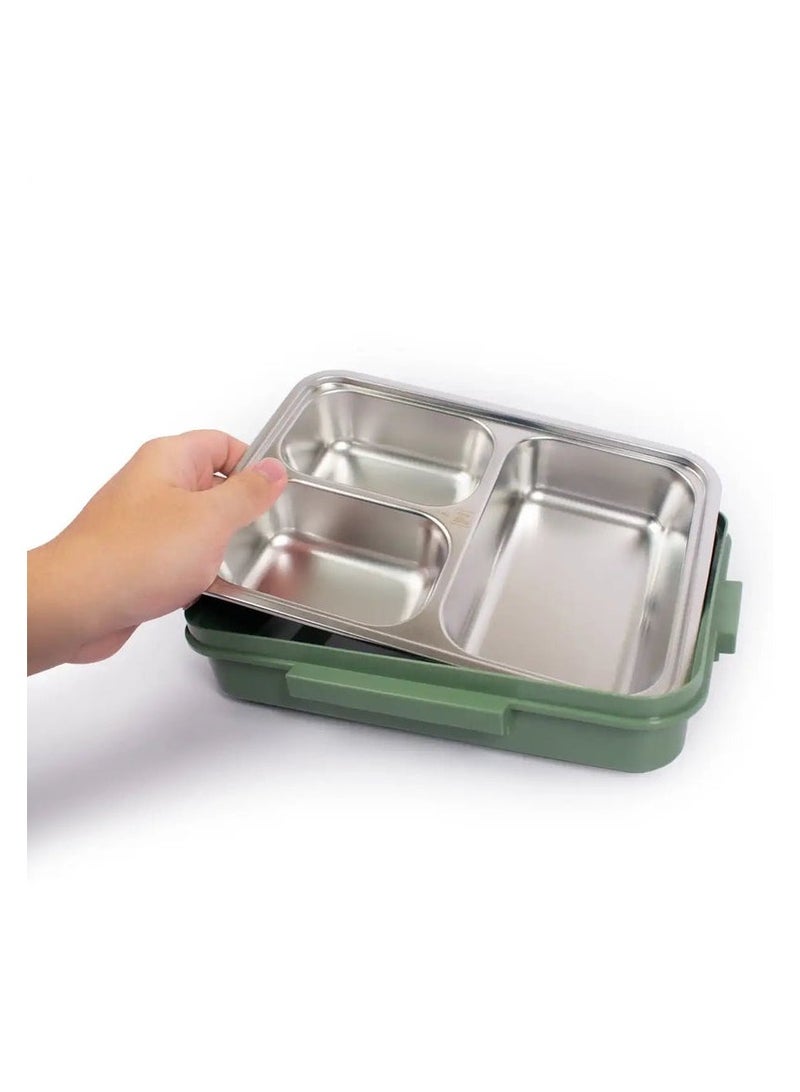 AKDC Stainless Rectangular Compartment Lunch Box 850ml(200ml+200ml+450ml) with Cutlery, Green - Image 2