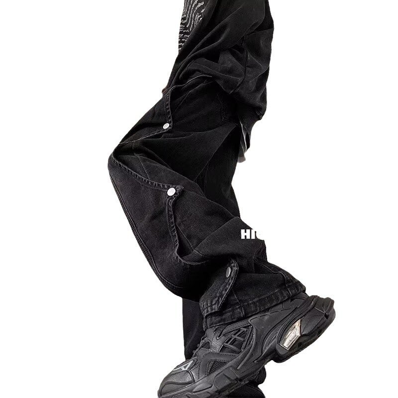 Mens Spring Casual Work Denim Pants Vibe Loose Straight Black - Image 2