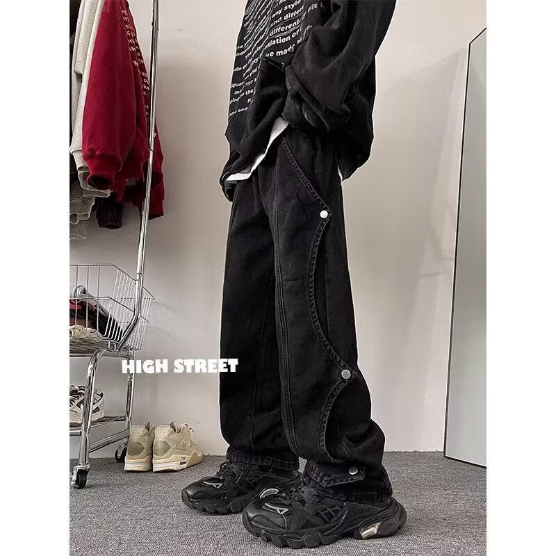 Mens Spring Casual Work Denim Pants Vibe Loose Straight Black - Image 1