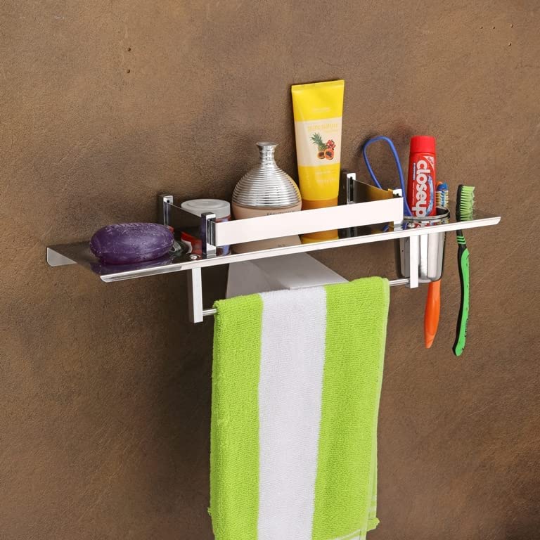 arena Arena Stainless Steel 4 in 1 Multipurpose Bathroom Shelf/Rack/Bathroom Towel Hanger, Tumbler Holder/Soap Dish with Tumbler Bathroom Accessories (15 x 6 Inches) - Pack of 1 - Image 1