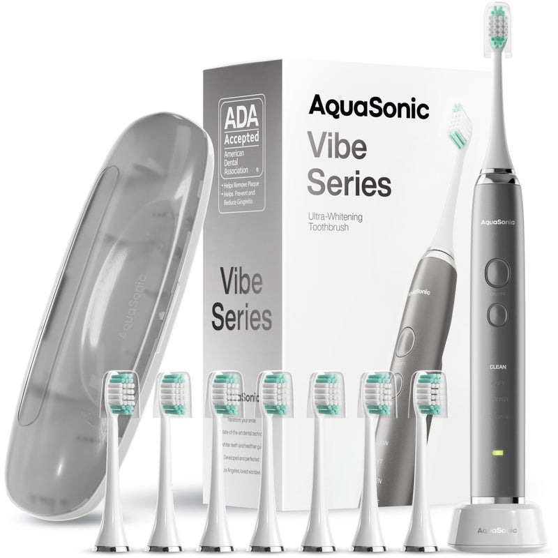 Aquasonic Vibe Series Ultra-Whitening Toothbrush – ADA Accepted Electric Toothbrush - 8 Brush Heads & Travel Case – 40,000 VPM Motor & Wireless Charging - 4 Modes w Smart Timer – Charcoal Metallic - Image 1