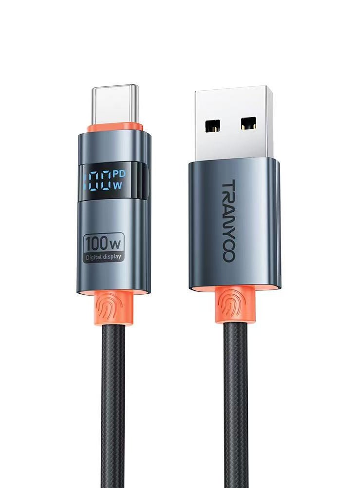 TRANYOO 100W Usb to Type-C Charging Data Cable with Digital Display, 1.2 Fast Charging Cable for Apple, Samsung, Google, and more Black - Image 1