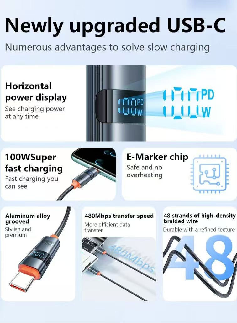 TRANYOO 100W Usb to Type-C Charging Data Cable with Digital Display, 1.2 Fast Charging Cable for Apple, Samsung, Google, and more Black - Image 5