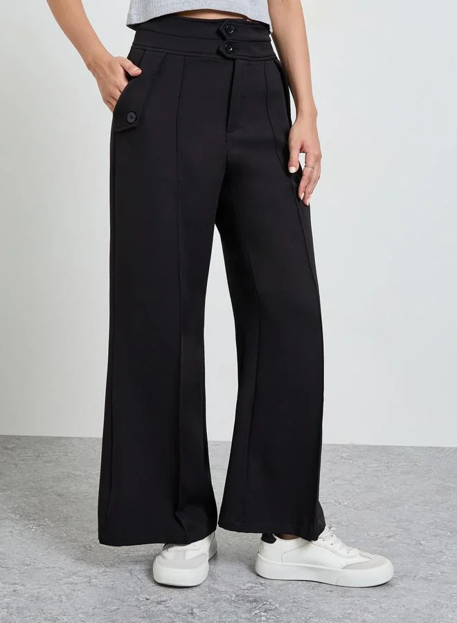 تايك تو Black Solid High Waist Wide Leg Trousers