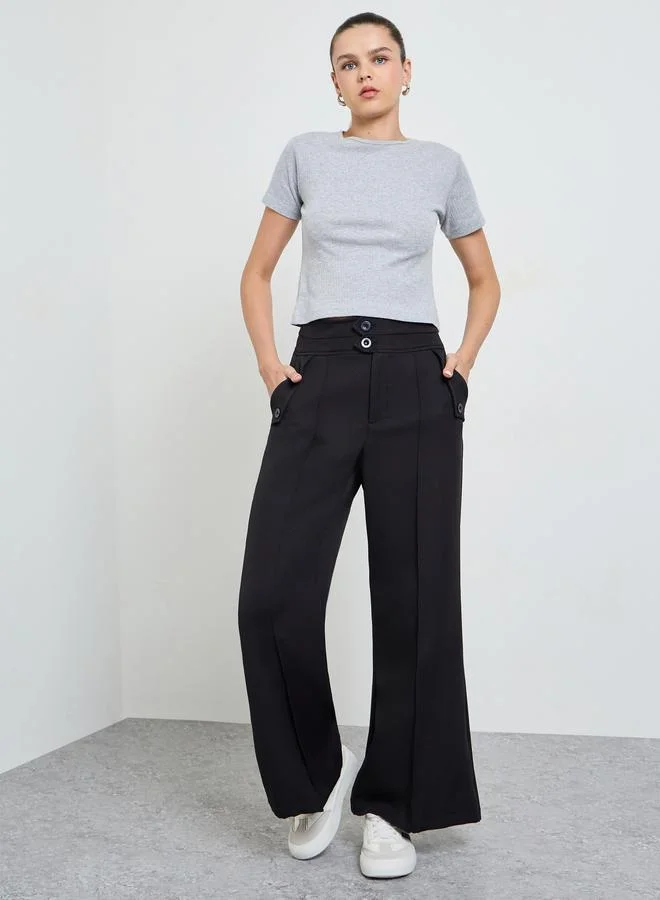 تايك تو Black Solid High Waist Wide Leg Trousers