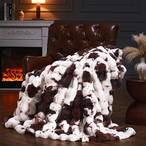 PLUUSHUU Faux Fur Throw Blanket for Couch, Fluffy Fuzzy Plush Bubble Blanket, Soft Warm Cozy Shaggy Rabbit Blanket, Luxury Decorative Gifts for Sofa Bedroom Living Room, 108x90inch (Cow Print-Brown) - Image 1