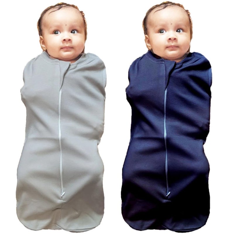 MammaChamp PODSwaddleSleeping BagBlanketsWrapSack for Newborn Baby 03 Months Packof 2 Gray Dark Blue - Image 1
