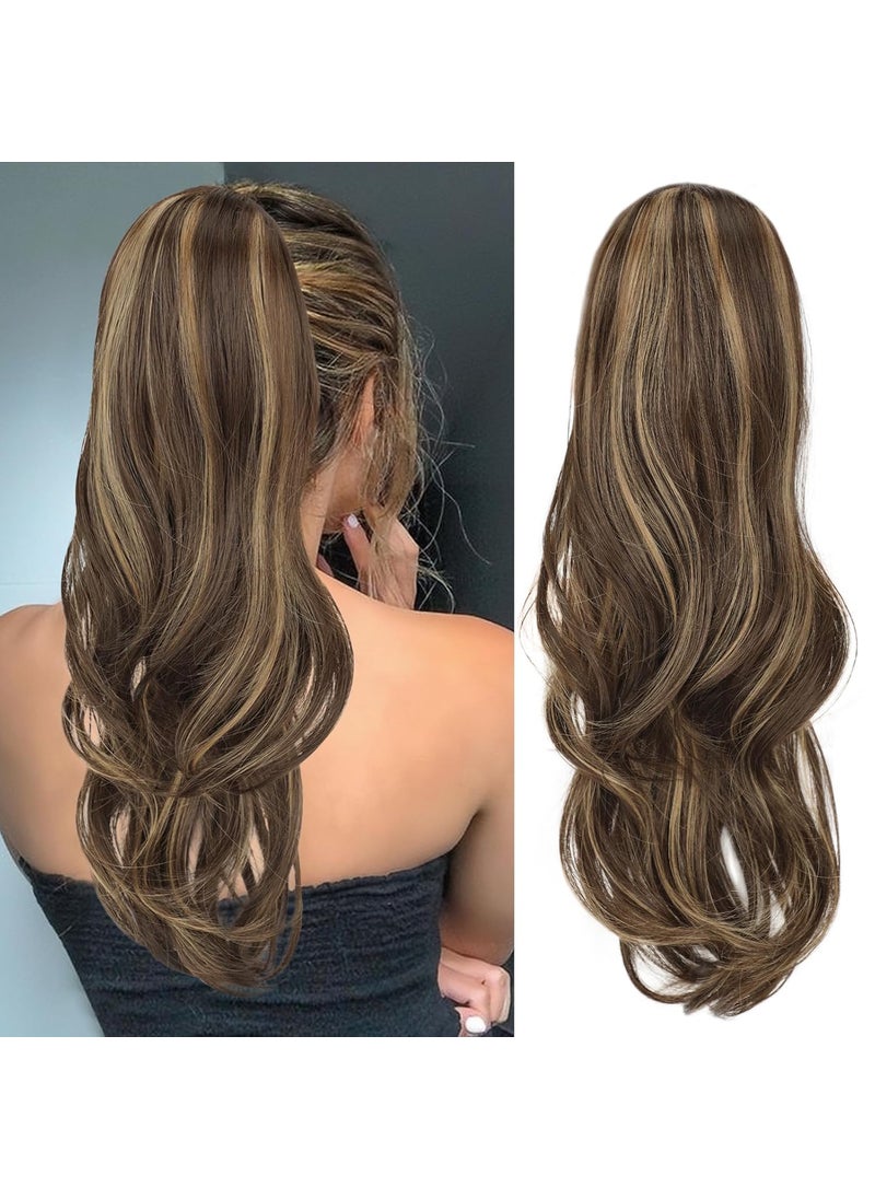 KooKaStyle KooKaStyle Ponytail Extensions 22 inch Balayage Chocolate Brown with Highlights Long Drawstring Wavy Clip in Ponytail Hair Extensions Layered Synthetic Hairpiece for Women 