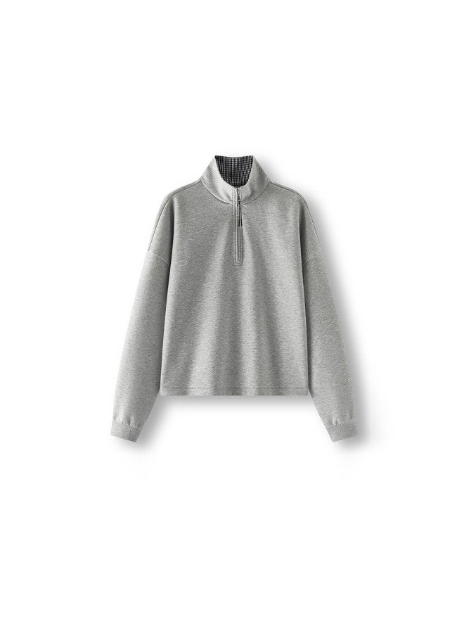 Semir Forest Soft Cotton Oversize Plaid Stand Collar Sweatshirt For Women  Autumn Drawstring 101525116004 - Image 3