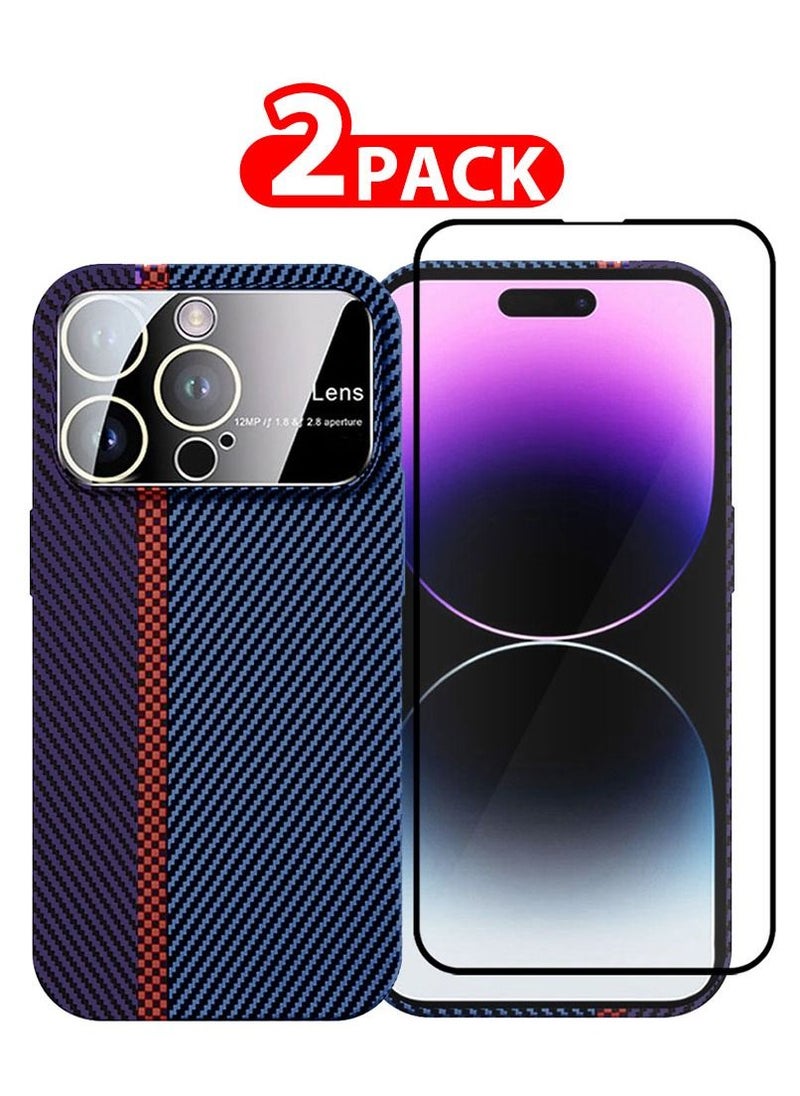 CATANES - 2 Packs Of iPhone 14 Pro Max Carbon Case Large Window Camera Protection and Screen Protector Unique Design Mixed Amazing Color Aramid Carbon Fiber Phone Case Blue - Image 1