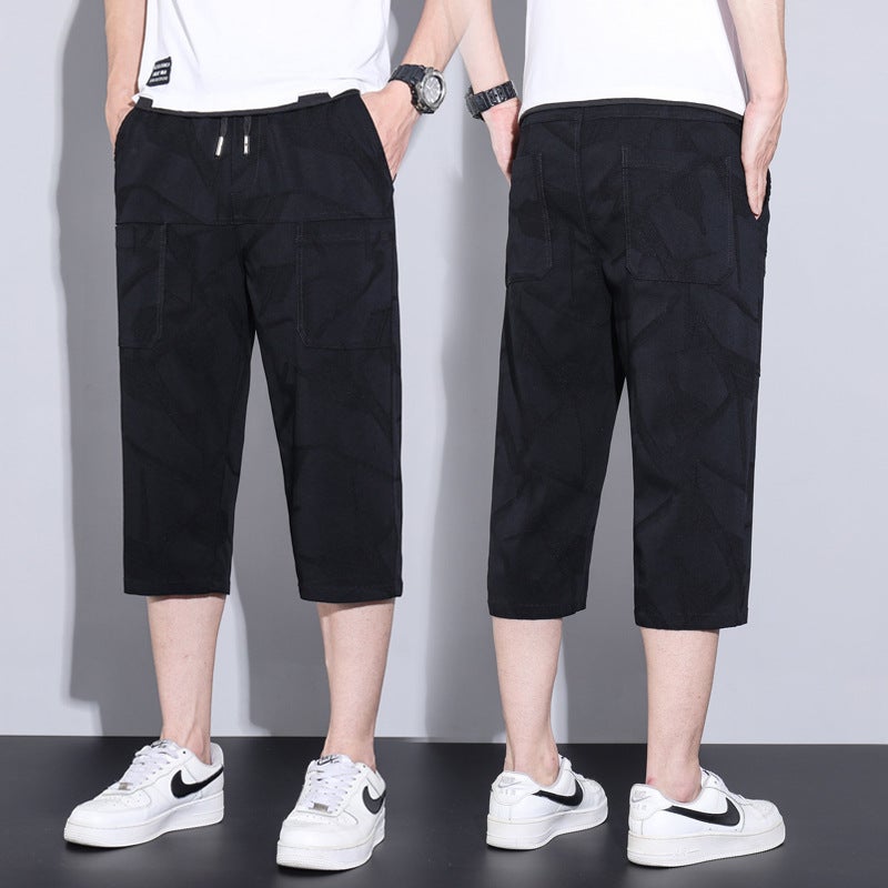 Geometric Mens Cropped Pants Stretchy All-match Trendy Jacquard Six Pocket Soft plus size Casual Shorts Mens 6008 black [three points] 
