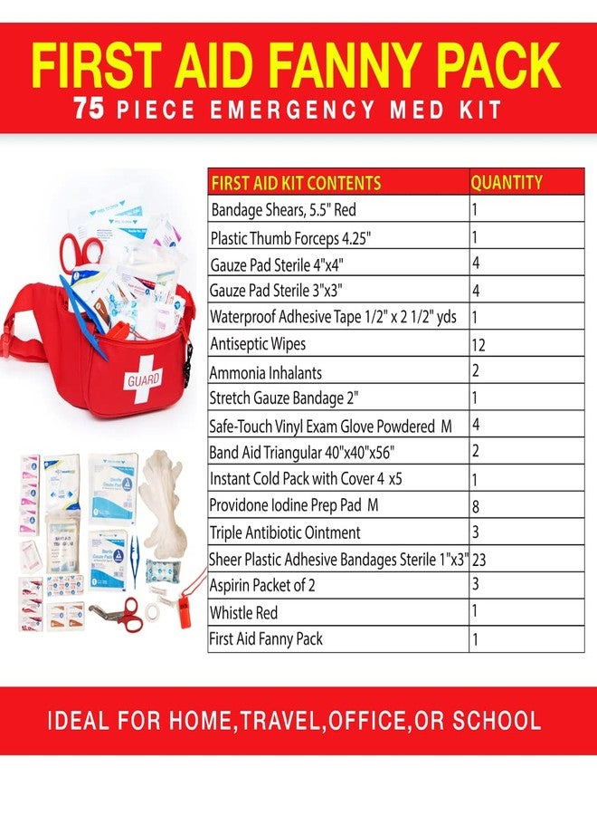 Primacare KB-8005 First Aid Fanny Pack, 8x2x6 Stocked with 75 Pieces Emergency Medical Supplies, Lifeguard Waist Travel Bag with 3 Pockets, Red - Image 5